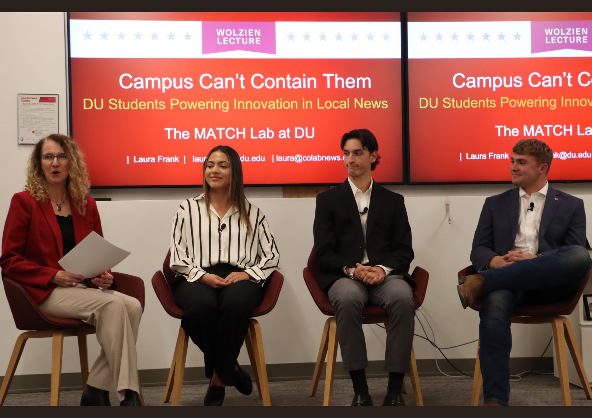 From left to right, COLab Executive Director and DU Wolzien Visiting Professor of the Practice Laura Frank, and DU students Alyssa Avila, Jay Moraytis and Dylan Lindsey during the fall Wolzien Lecture at DU in October.